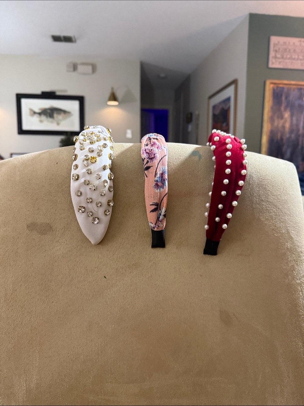 Embellished Women’s Headband Trio - White Crystal, Pink Floral, Red Pearl